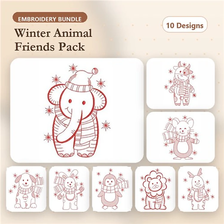 Winter Animal Friends Embroidery Bundle – Cute Animals (10 Designs)