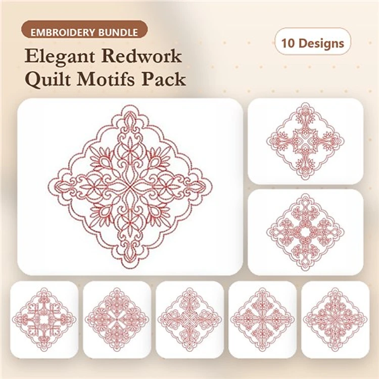Redwork Elegant Quilt Embroidery Bundle – Floral and Geometric Motifs & More (10 Designs)