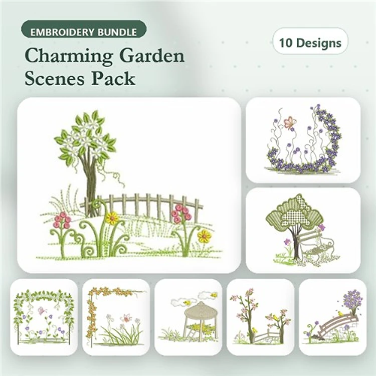 Garden Scenes Embroidery Designs Bundle – Tree with Fence, Flowering Arch, Garden Bench & More (10 Designs)