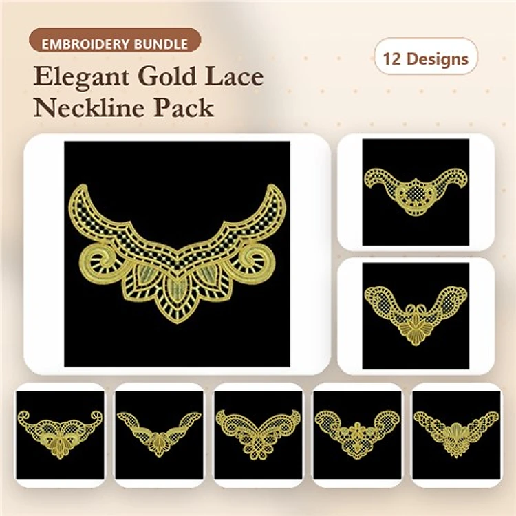FSL Elegant Lace Neckline Embroidery Designs Bundle – Elegant Lace Neckline 1, Elegant Lace Neckline 2 & More (12 Designs)