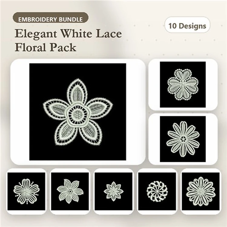 FSL Elegant Floral Lace Embroidery Designs Bundle – Five-Petal Lace Flower, Ornate Lace Flower, Lace Daisy & More (10 Designs)