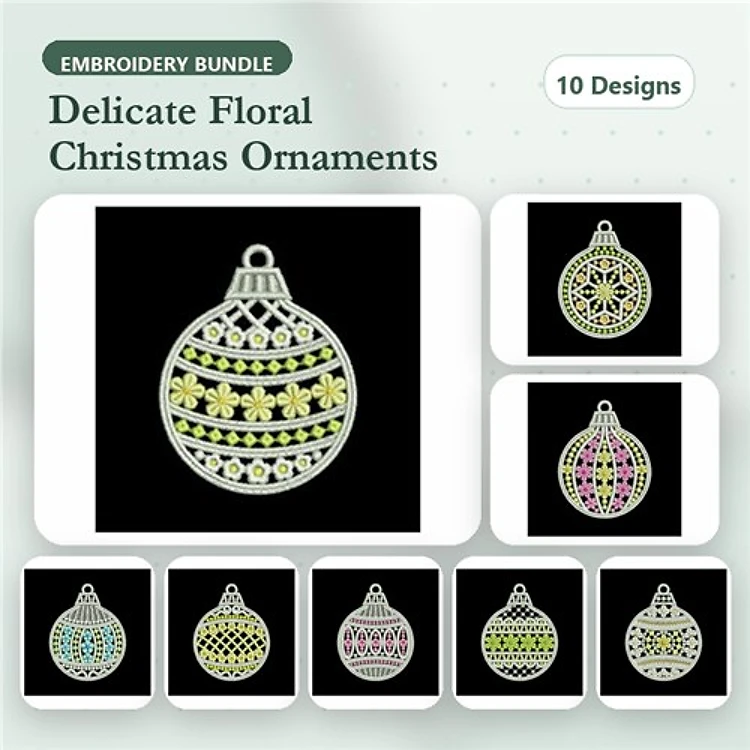 FSL Floral Christmas Ornaments Embroidery Bundle – Delicate Accents & More (10 Designs)