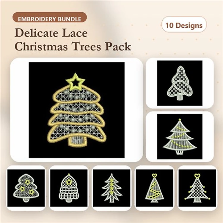 FSL Delicate Lace Christmas Trees Embroidery Bundle – Lace Christmas Tree with Star, Polka Dots, Stripes & More (10 Designs)