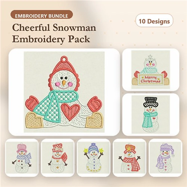 Cheerful Snowman Embroidery Bundle – Heart Snowman, Snowman Family, Snowman with Merry Christmas Sign & More (10 Designs)