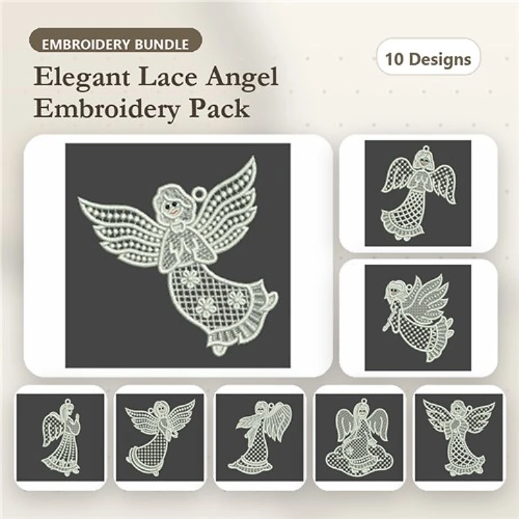 FSL Angel Lace Embroidery Bundle – Lace Angel Ornament 1, Lace Angel Ornament 2, Lace Angel Ornament 3 & More (10 Designs)