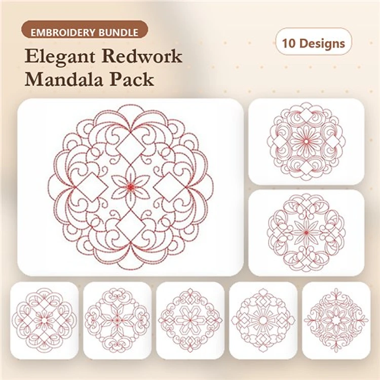 Redwork Elegant Mandala Embroidery Bundle – Intricate Floral Elements & More (10 Designs)