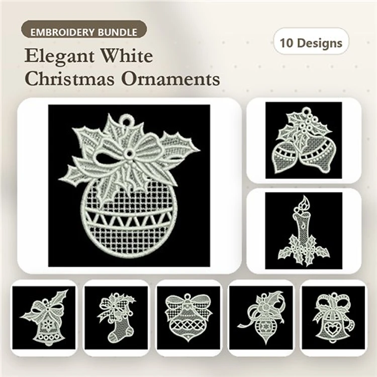 FSL Elegant White Christmas Ornaments Embroidery Designs Bundle – Holly, Bell, Candle & More (10 Designs)