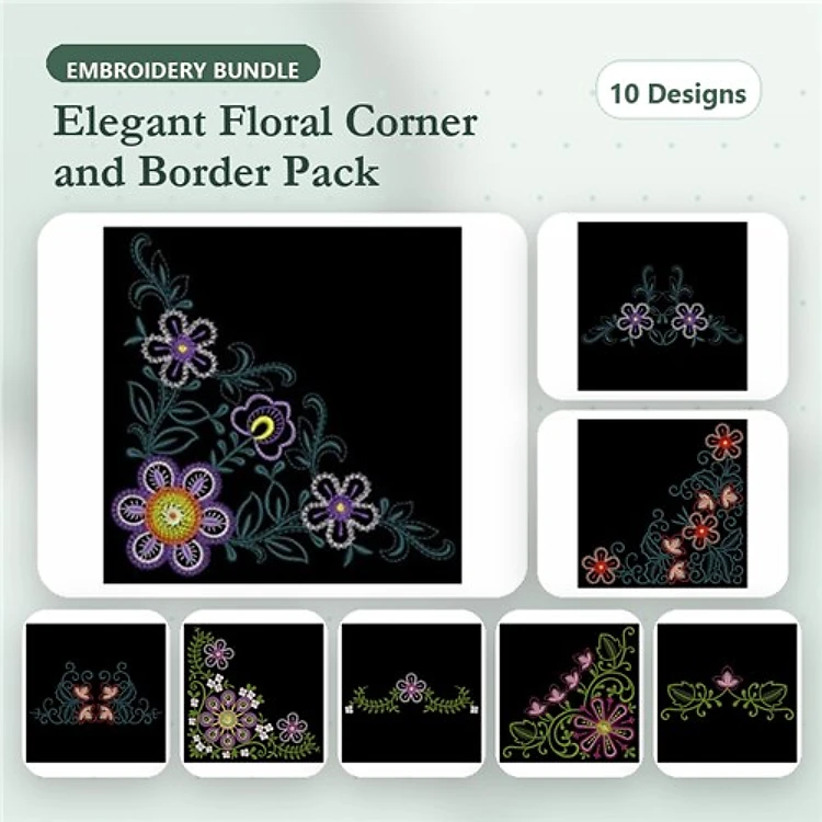 Floral Corner & Border Embellishment Embroidery Bundle – Pink, Purple, Red Flowers & More (10 Designs)