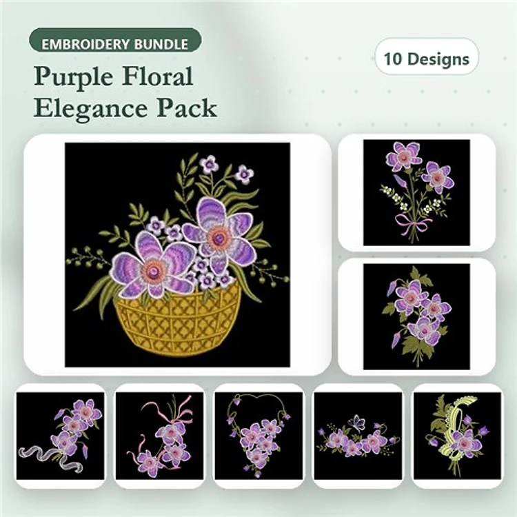 Floral Arrangement Embroidery Bundle – Purple Floral Bouquet, Orchid Spray, Butterfly and Floral & More (10 Designs)