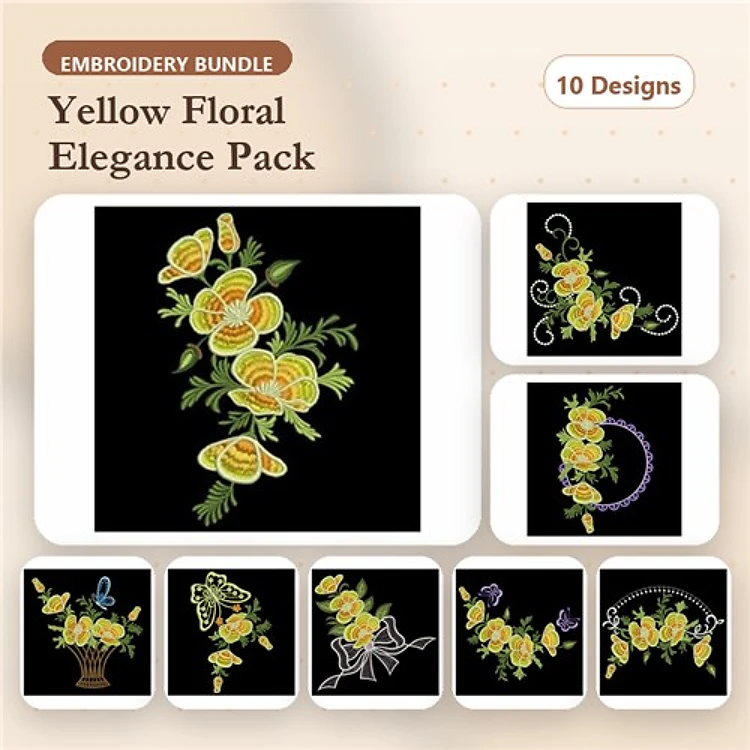 Floral Embellishments Embroidery Bundle – Yellow Floral Arrangement, Floral Spray with Butterflies & More (10 Designs)