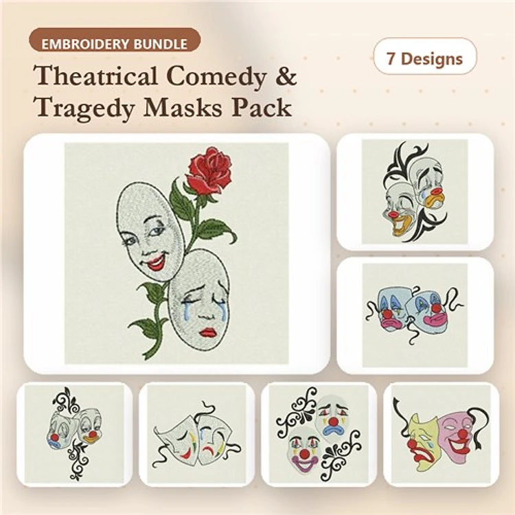Theatrical Comedy & Tragedy Embroidery Bundle – Masks, Clown Face, Jester Hat & More (7 Designs)