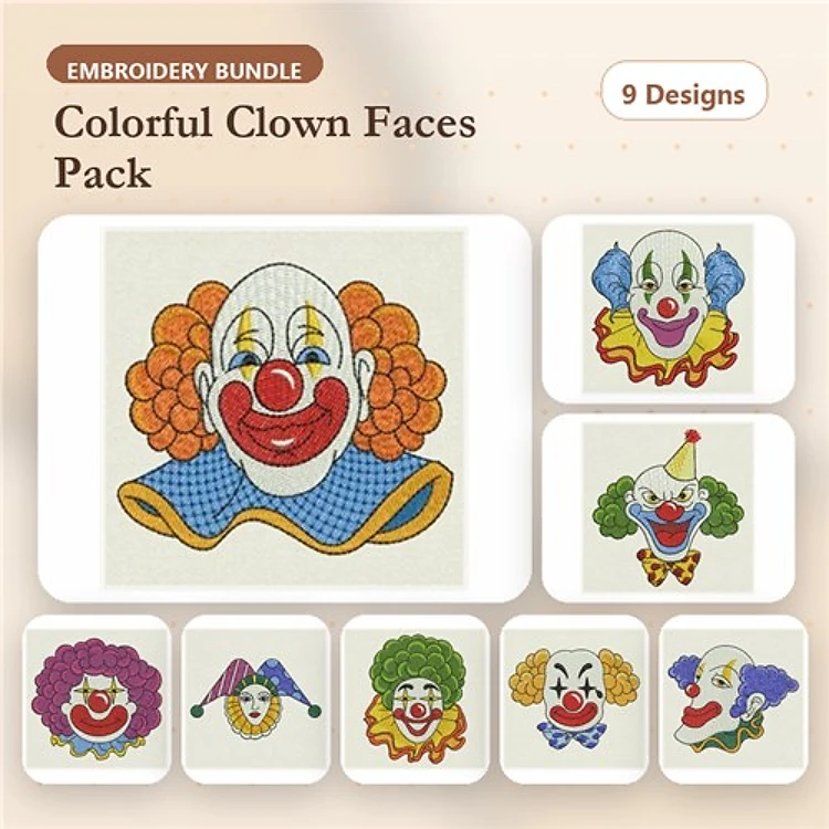 Clown Faces Embroidery Designs Bundle – Smiling, Sad, Happy Clowns & More (9 Designs)
