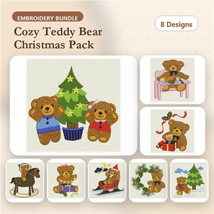 Cozy Teddy Bears Christmas Embroidery Designs Bundle – Teddy Bear with Tree, Bear on Skates, Gift & More (8 Designs)