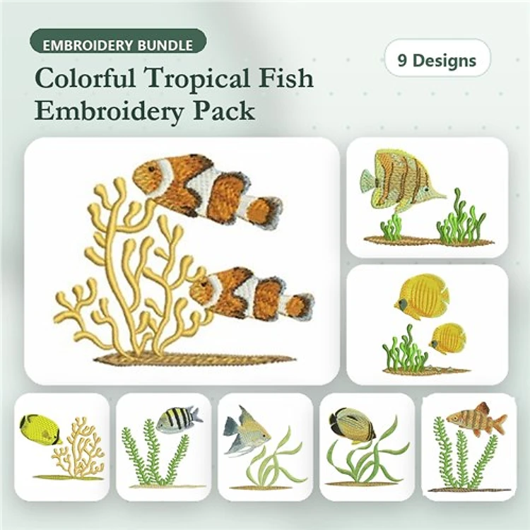 Colorful Tropical Fish Embroidery Designs Bundle – Clownfish, Butterfly Fish, Yellow Tang & More (9 Designs)