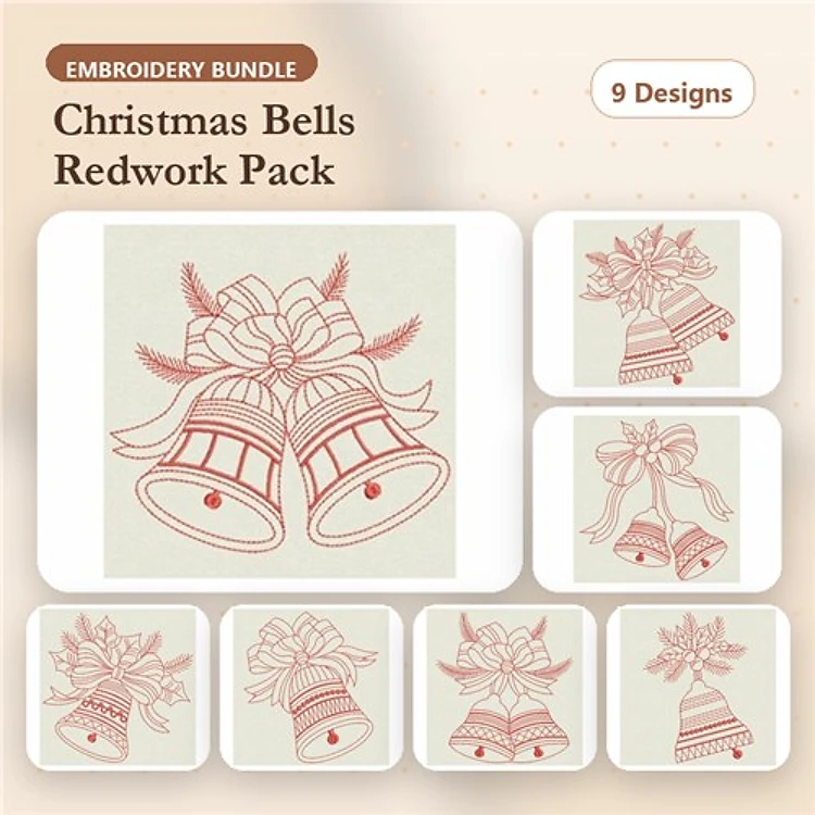 Redwork Christmas Bells Embroidery Designs Bundle – Christmas Bell with Bow, Pair of Christmas Bells & More (9 Designs)