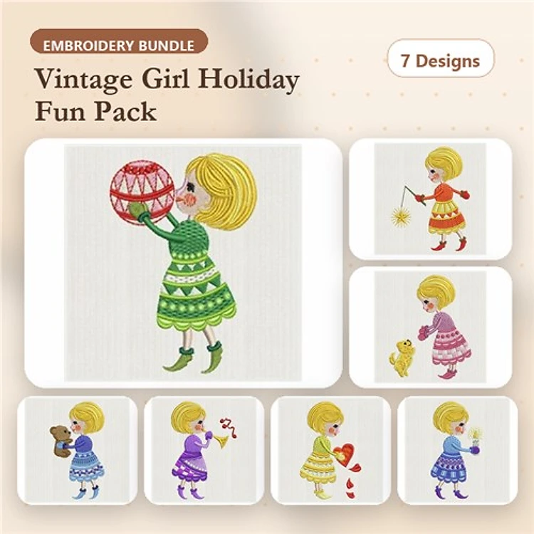 Vintage Girl Holiday Embroidery Bundle – Fun Designs (7 Designs)