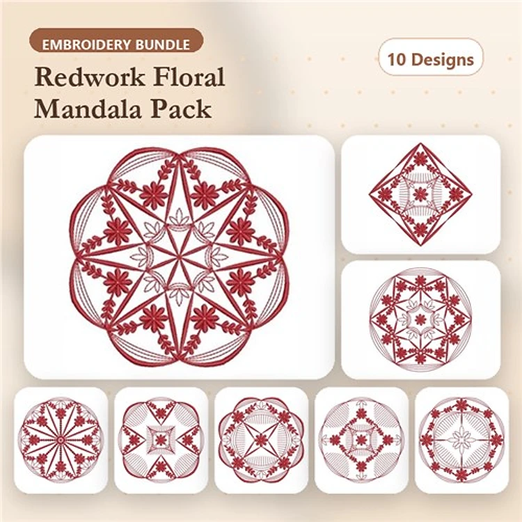 Redwork Floral Mandalas Embroidery Designs Bundle – Floral Mandala 1, Floral Mandala 2, Floral Mandala 3 & More (10 Designs)