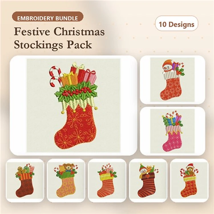Christmas Stockings Embroidery Designs Bundle – Santa, Snowman, Gingerbread & More (10 Designs)