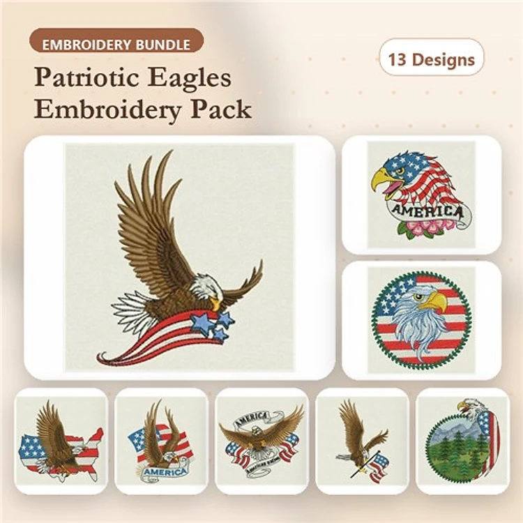 Patriotic Eagles Embroidery Designs Bundle – Eagle with Flag, Flying Eagle, Eagle Spirit & More (13 Designs)