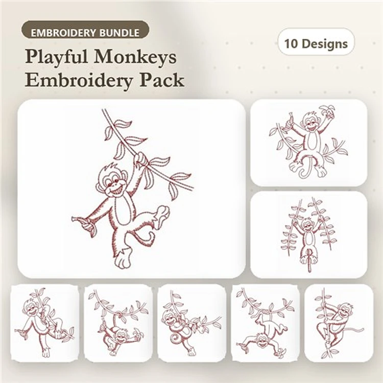 Redwork Playful Monkey Embroidery Designs Bundle – Monkey Hanging from Branch, Monkey with Banana, Monkey Playing & More (10 Designs)