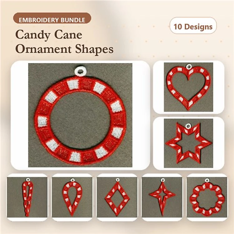 FSL Candy Cane Ornaments Embroidery Designs Bundle – Circle, Heart, Star & More (10 Designs)