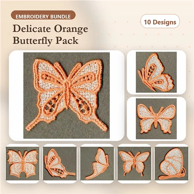 FSL Delicate Orange Butterflies Embroidery Bundle – Lace Butterfly with Openwork, Intricate Lace Butterfly & More (10 Designs)