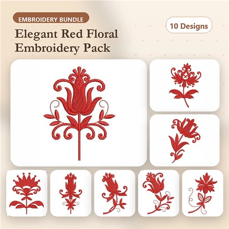 Redwork Elegant Red Floral Embroidery Designs Bundle – Floral Design with Scrolls, Tall Red Flower with Leaves, & More (10 Designs)