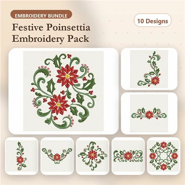 Poinsettia Embroidery Designs Bundle – Festive Poinsettia with Swirls, Corner Embellishment, Wreath & More (10 Designs)