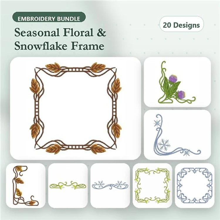 Floral & Snowflake Frame Embellishments Embroidery Designs Bundle – Floral Frame, Snowflake Frame, Vine Frame & More (20 Designs)