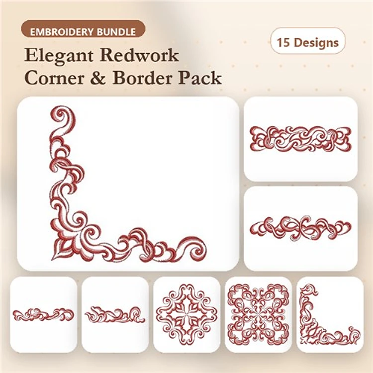 Redwork Elegant Border & Corner Embellishments Embroidery Bundle – Decorative Element 1, Swirl Border, Fancy Border & More (15 Designs)