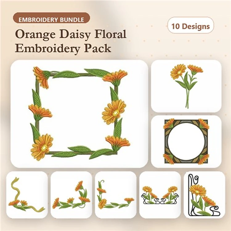 Floral Embellishment Embroidery Designs Bundle – Orange Daisy Frame, Corner, Vine & More (10 Designs)