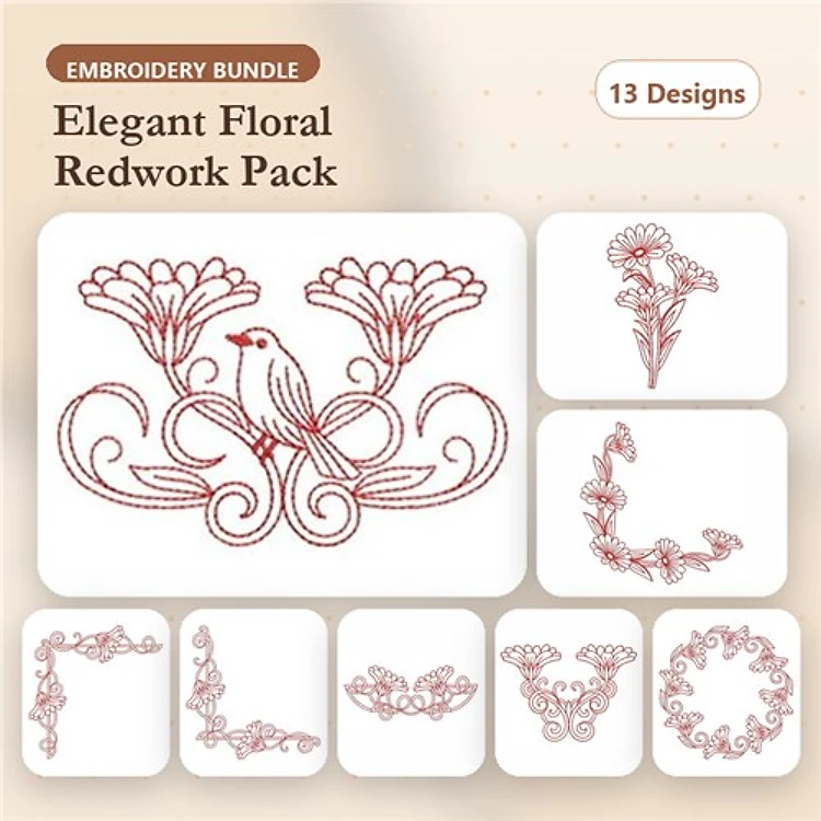 Redwork Floral Embroidery Bundle – Floral Design with Bird, Floral Spray, Ornamental Floral Accent & More (13 Designs)