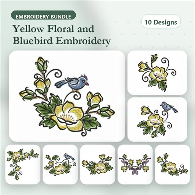 Floral and Bluebird Embroidery Designs Bundle – Yellow Flower with Bluebird, Floral Arrangement, Bluebird among Flowers & More (10 Designs)