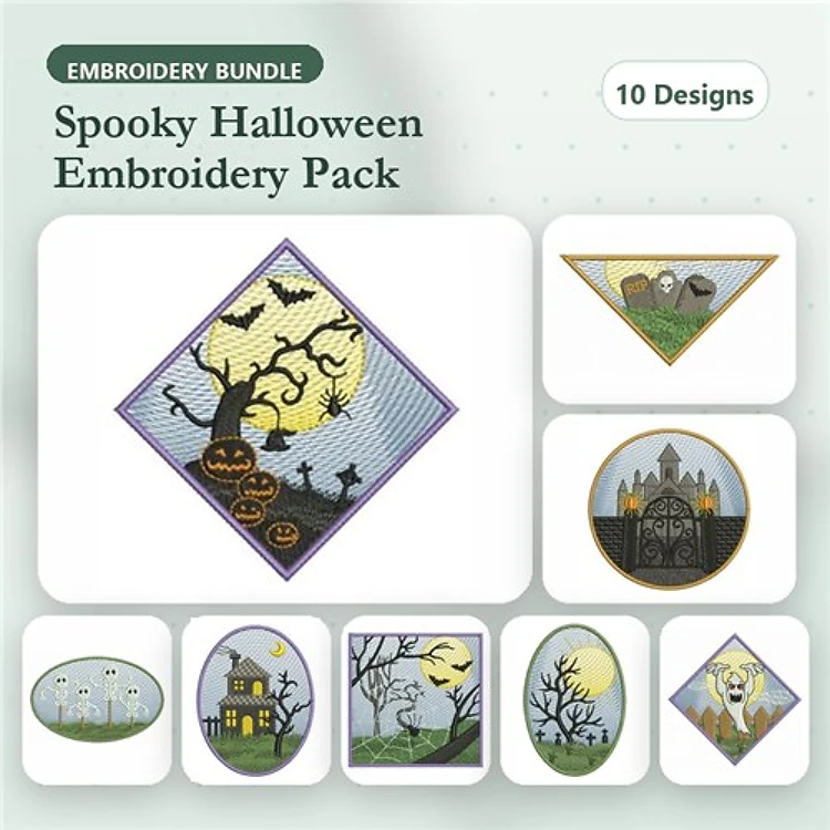 Spooky Halloween Embroidery Designs Bundle – Haunted House, Spooky Tree with Pumpkin, Halloween Graveyard & More (10 Designs)