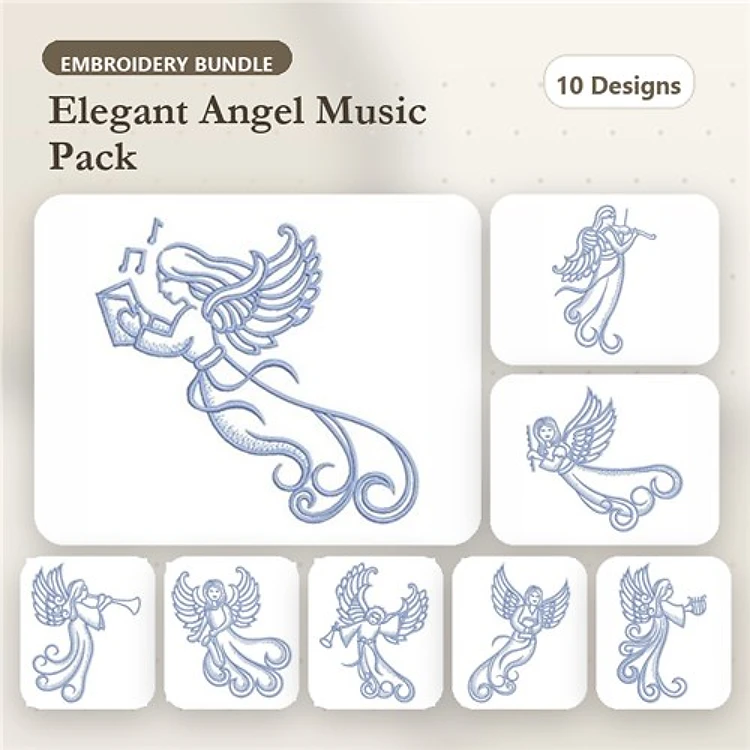 Redwork Angelic Music Embroidery Bundle – Angel Reading Music, Angel Playing Flute, Angel with Harp & More (10 Designs)