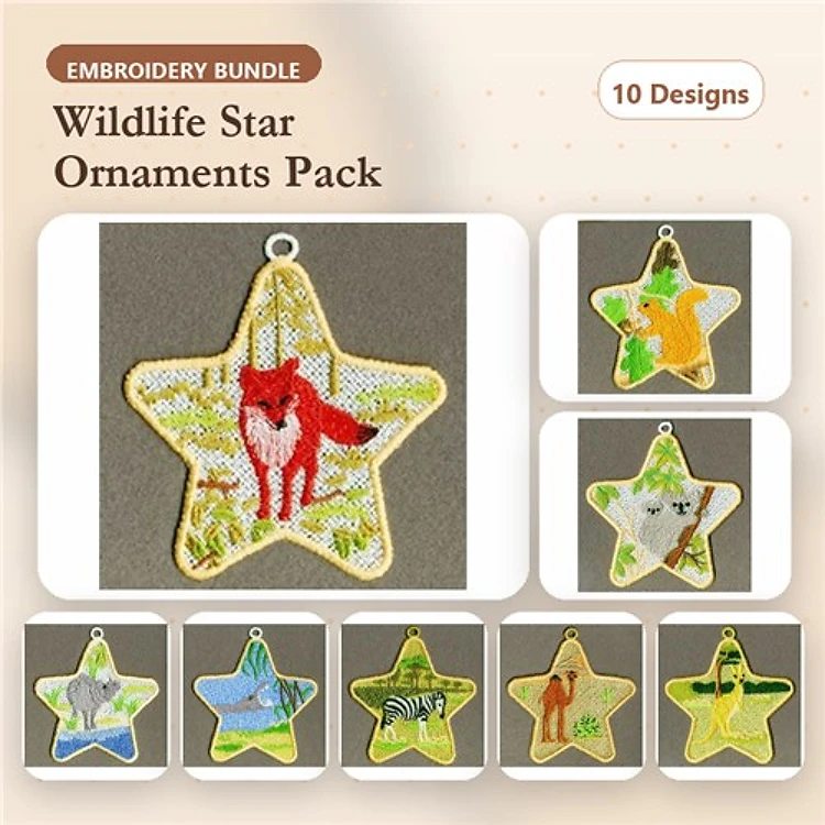 FSL Wildlife Star Ornaments Embroidery Bundle – Fox, Deer, Lion, Giraffe & More (10 Designs)