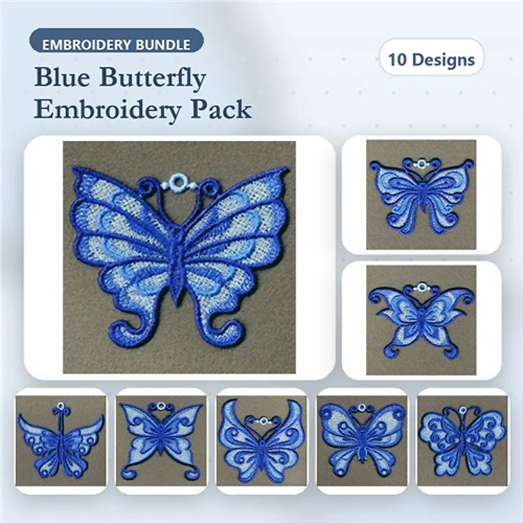 FSL Blue Butterflies Embroidery Bundle – Blue Butterfly Ornament, Intricate Blue Butterfly, Decorative Blue Butterfly & More (10 Designs)
