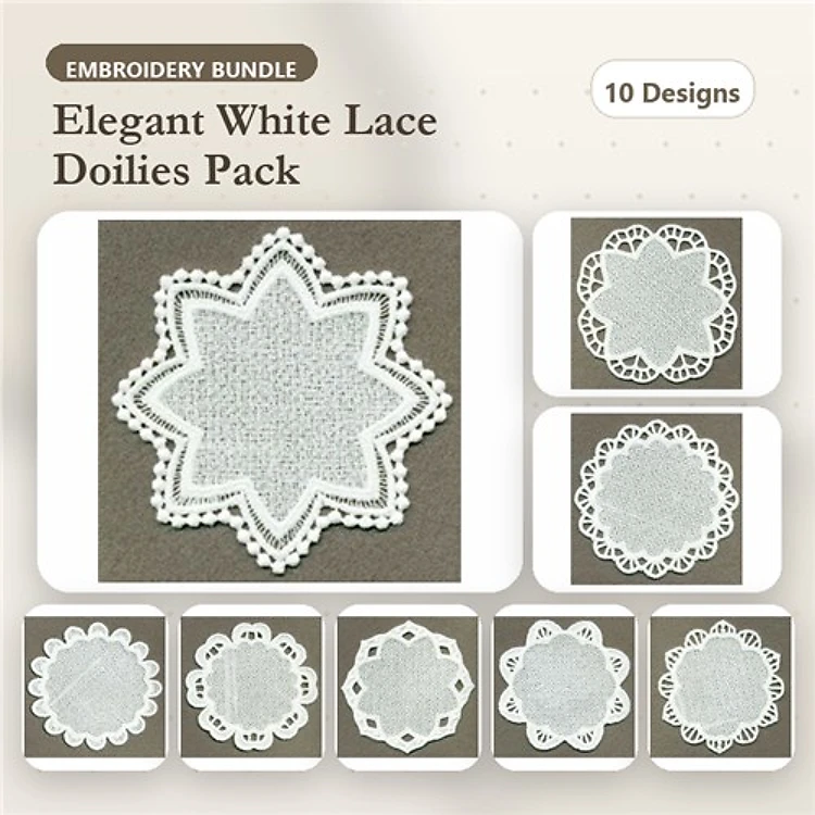 FSL Elegant Lace Doily Embroidery Bundle – Star, Floral, Vintage & More (10 Designs)