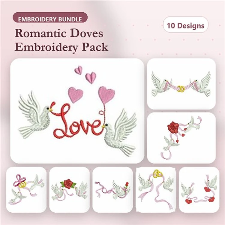 Romantic Doves & Hearts Embroidery Bundle – Love with Doves, Dove with Hearts & More (10 Designs)