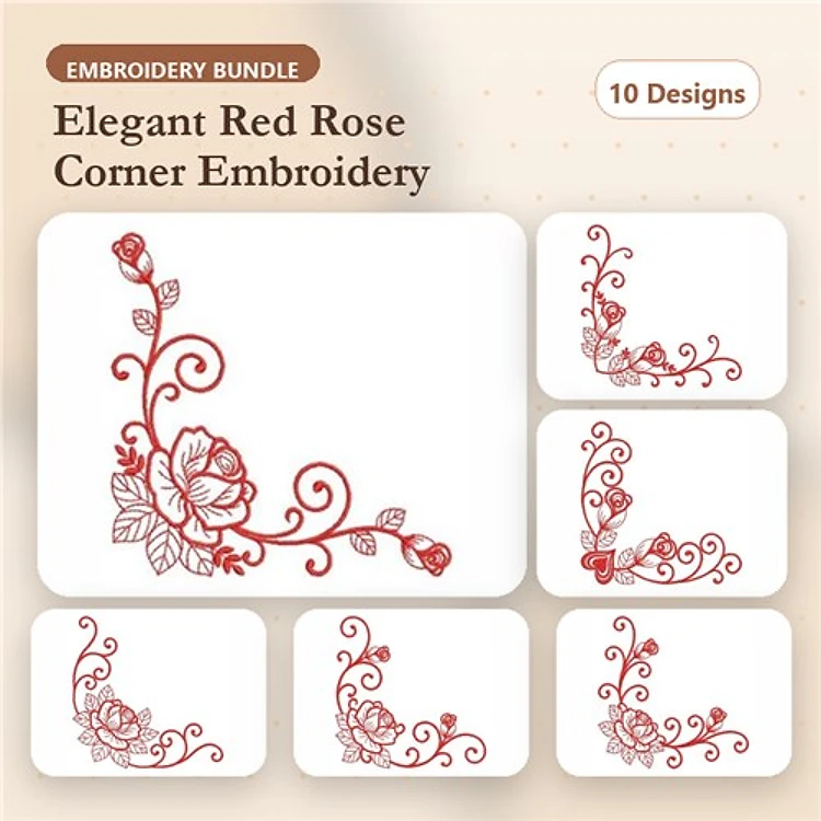 Redwork Elegant Rose Embellishments Embroidery Bundle – Red Rose Corner Designs & More (10 Designs)