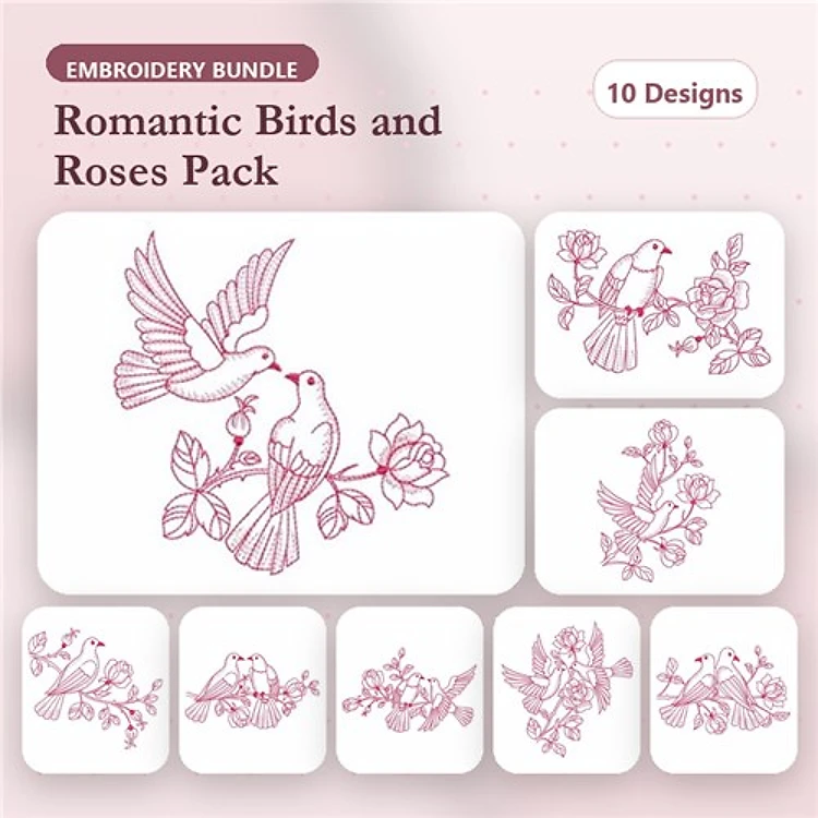 Redwork Romantic Birds & Roses Embroidery Bundle – Birds on Branch, Love Birds, Two Birds with Roses & More (10 Designs)