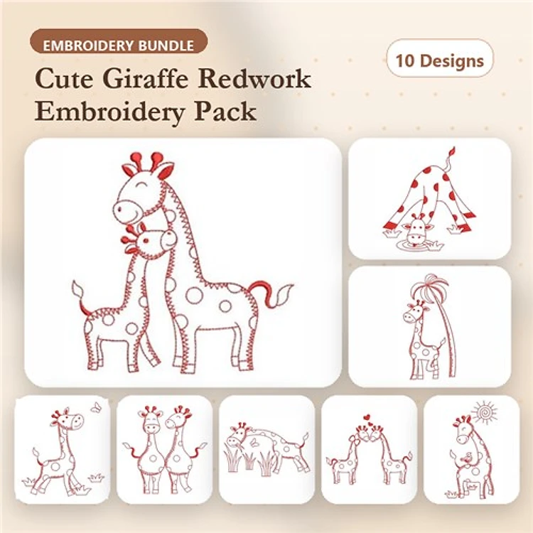 Redwork Cute Giraffe Embroidery Bundle – Giraffe with Flowers, Mama Giraffe, Baby Giraffe & More (10 Designs)