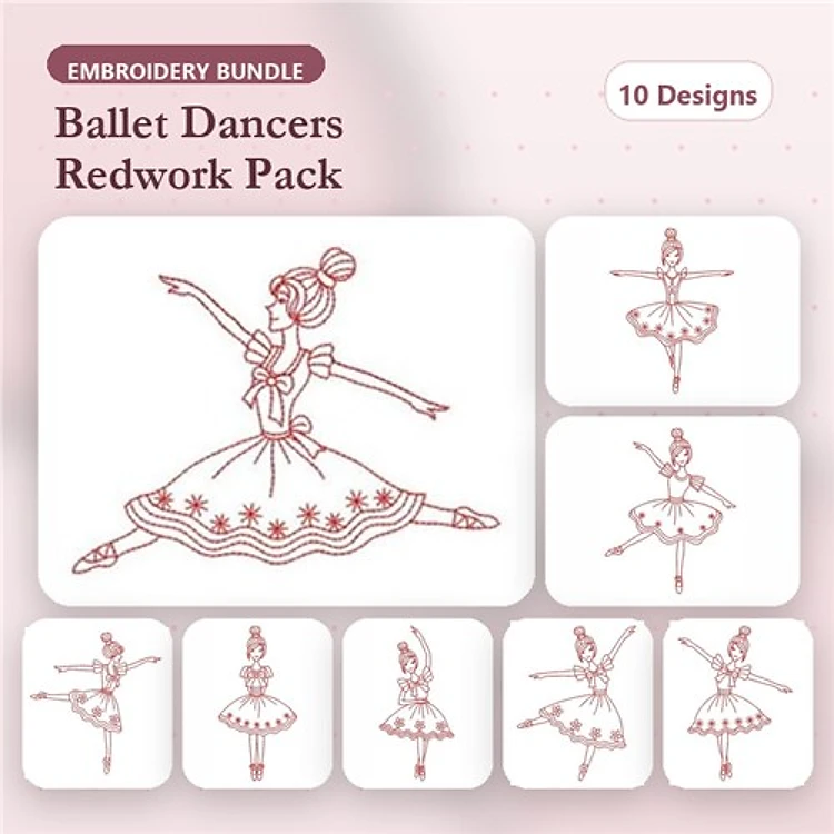 Redwork Ballet Dancers Embroidery Bundle – Ballet Dancer with Tutu, Ballerina in Pose, & More (10 Designs)