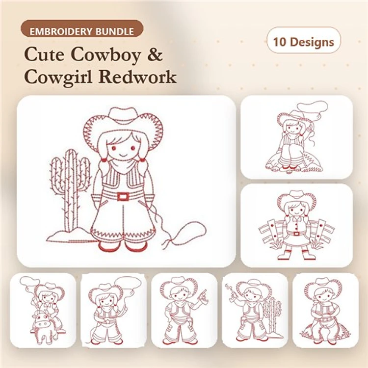 Redwork Cute Cowboy & Cowgirl Embroidery Designs Bundle – Cowgirl with Lasso, Cowboy with Guitar & More (10 Designs)