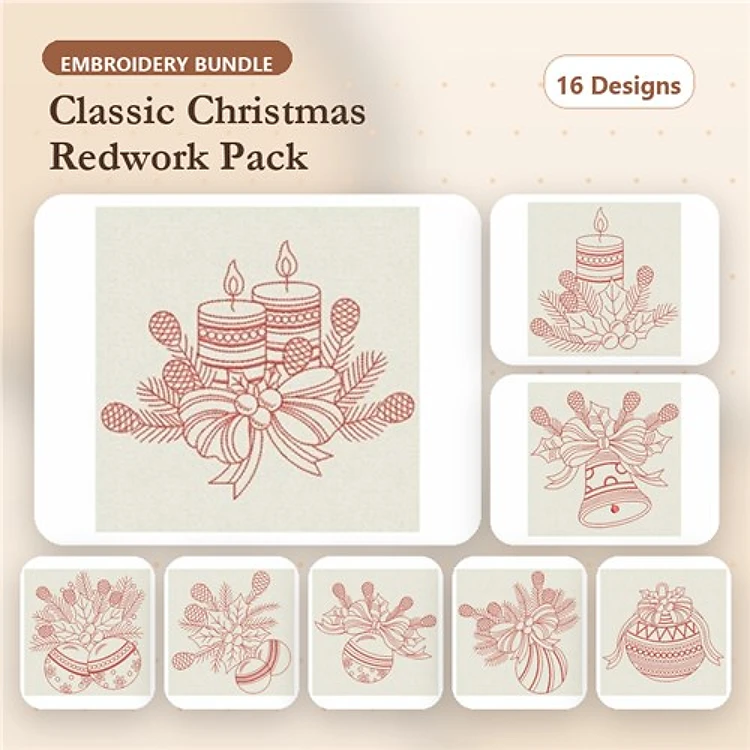 Redwork Classic Christmas Embroidery Designs Bundle – Christmas Candles, Bells, Ornaments & More (16 Designs)
