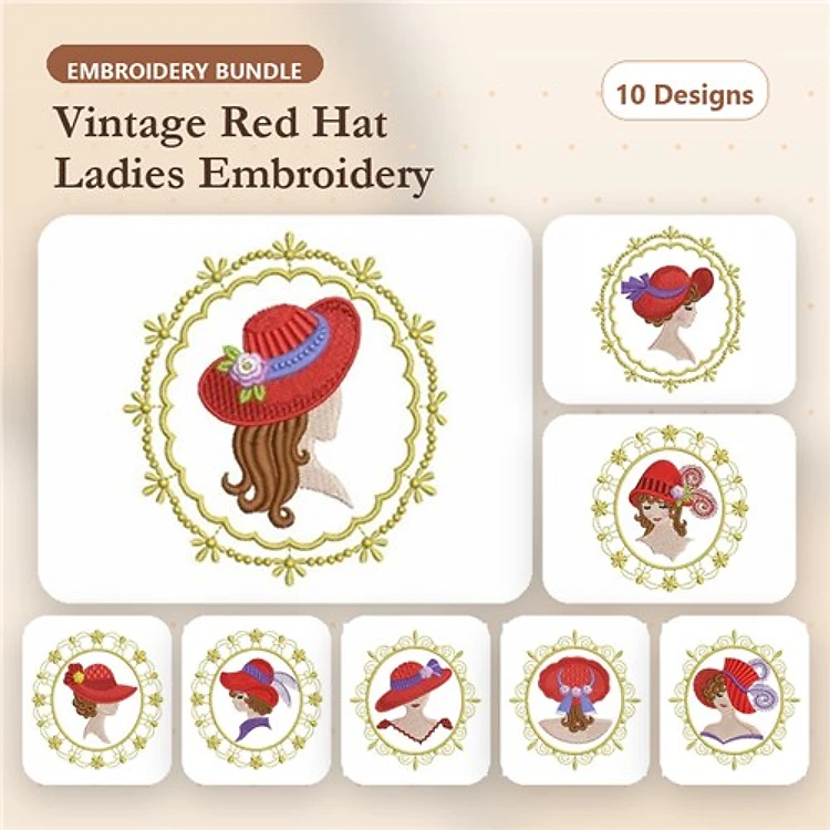 Vintage Red Hat Ladies Embroidery Designs Bundle – Lady with Red Hat, Lady with Flower Hat & More (10 Designs)