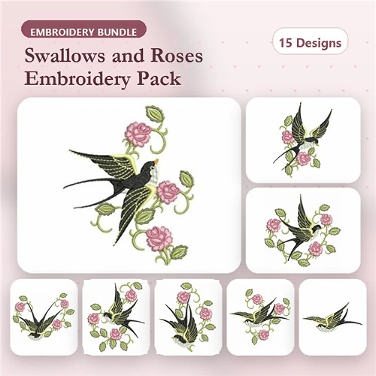 Swallows and Roses Embroidery Designs Bundle – Swallow with Roses, Swallow in Flight, Double Swallow with Roses & More (15 Designs)