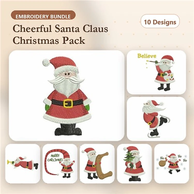 Cheerful Santa Claus Embroidery Designs Bundle – Santa with Gifts, Santa Skating, Santa Saying Believe & More (10 Designs)