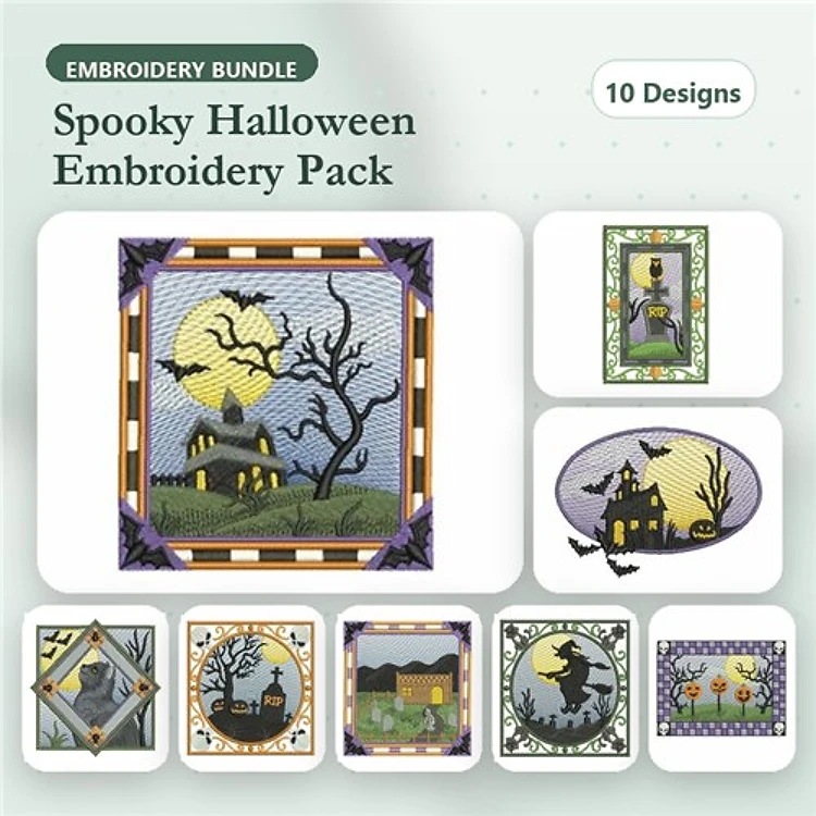 Spooky Halloween Embroidery Designs Bundle – Haunted House, Witch Silhouette, Bats in Flight & More (10 Designs)