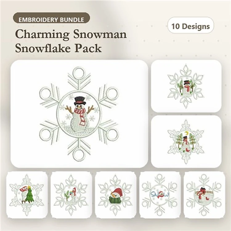 Snowman & Snowflake Embroidery Designs Bundle – Charming Characters & Festive Accents (10 Designs)